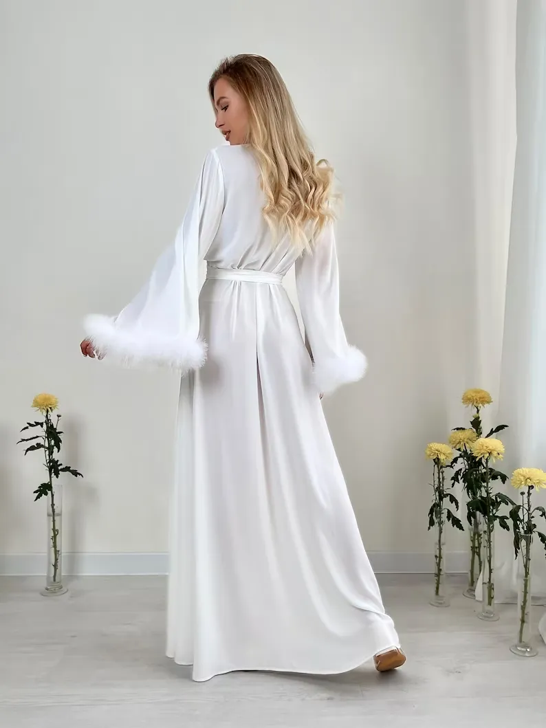 Bridal Feather Robe For Bride Wedding Dressing Gown Maxi Bridal Satin Robes Marabou White Boudoir Dress Long Silk Bridesmaid