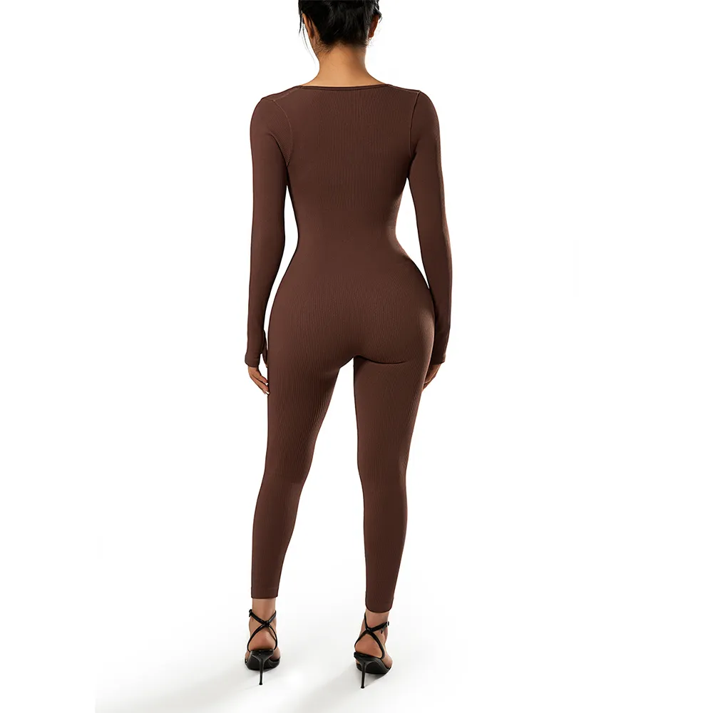 Bodycon Jumpsuit Women One-piece Outfit Jumpsuit Long Sleeve Square Neck playsuits Bodysuit Rompers Overalls Casual Streetwear