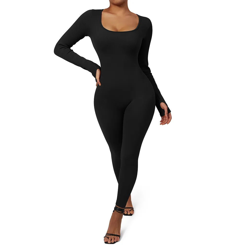 Bodycon Jumpsuit Women One-piece Outfit Jumpsuit Long Sleeve Square Neck playsuits Bodysuit Rompers Overalls Casual Streetwear
