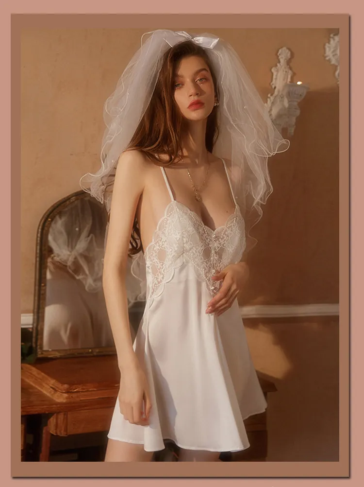 New Women's Satin Sleepwear Female Backless Nightgown Sexy Lace Nightwear V-Neck Sling Nightdress Solid Color Soft Home Dress