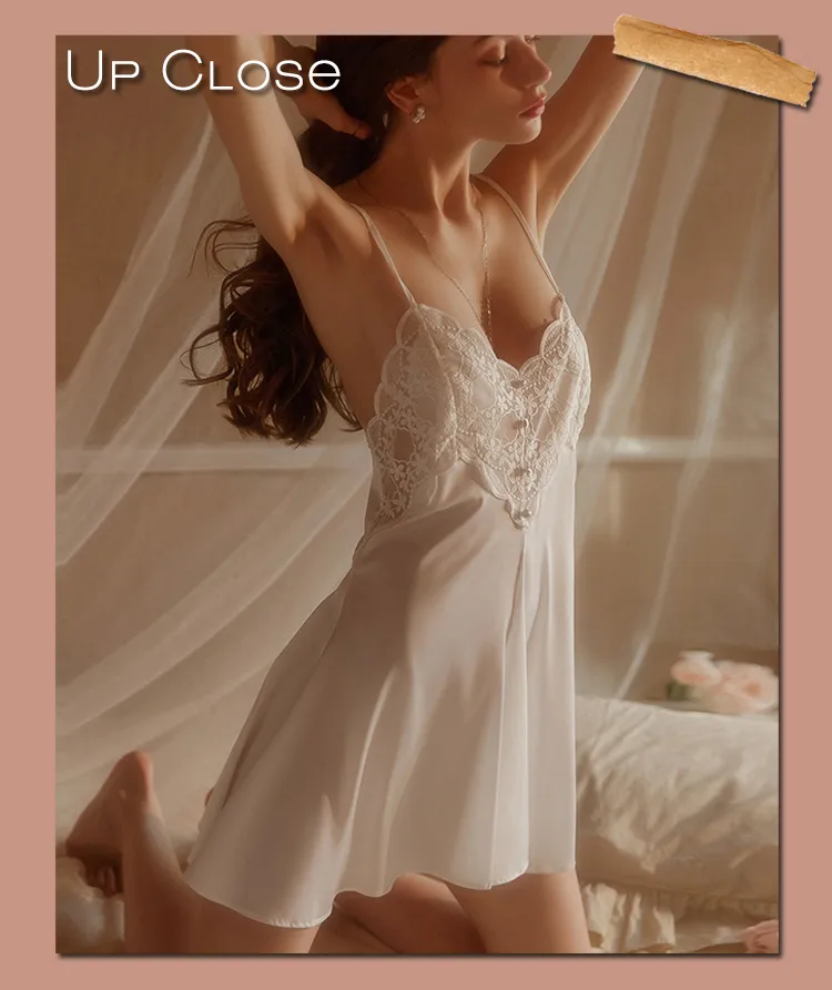 New Women's Satin Sleepwear Female Backless Nightgown Sexy Lace Nightwear V-Neck Sling Nightdress Solid Color Soft Home Dress