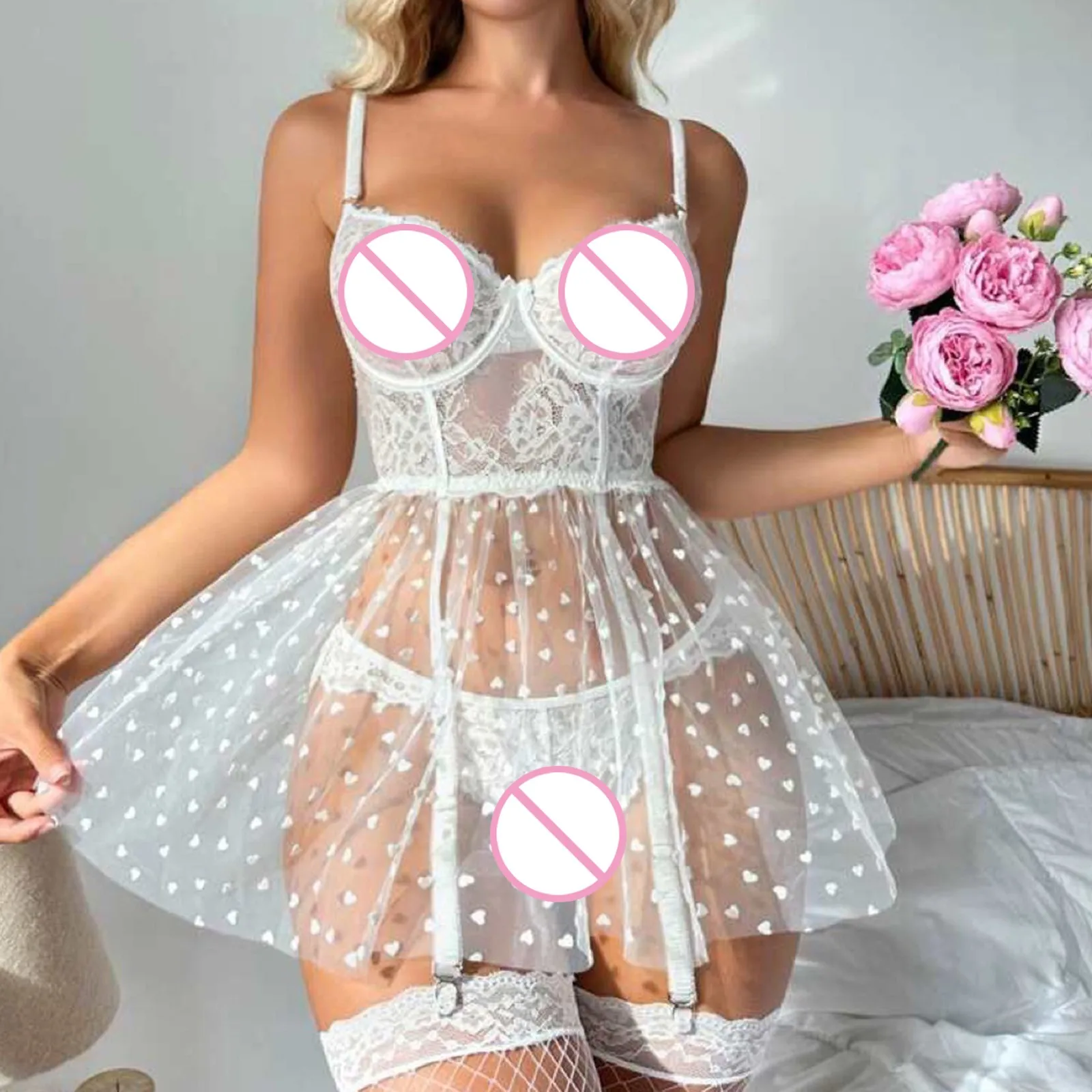 Transparent Sexy Lingerie Women Lace Bra Dress Erotic Body Underwear Teddy Babydoll Dress Transparent Bra Garter Thongs Dre