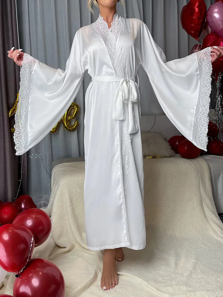 Long Solid Kimono Robe Women Sexy Lace Patchwork Bathrobe Gown Flare Sleeve Sleepwear Nightwear Bride Wedding Robes Loungewear