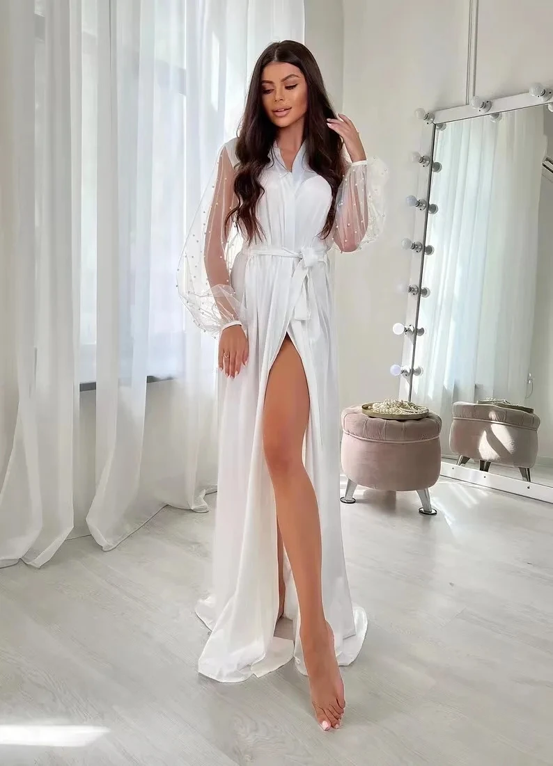 Bridal Gown with Pearl Tulle Robe Luxury High Grade Bathrobe Sexy Nightwear Women's Robe Silk Satin Pajamas Bride