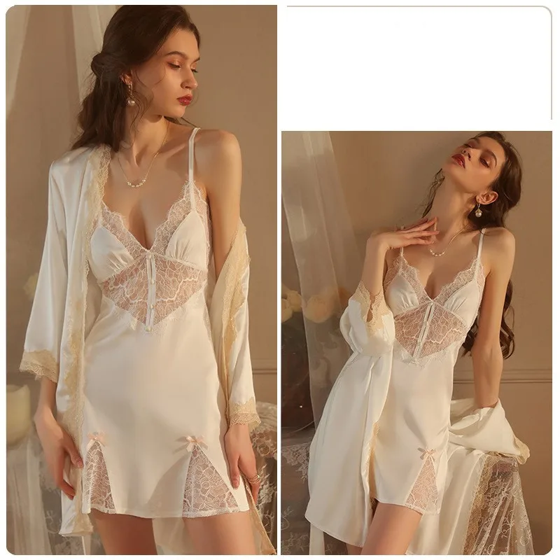Sexy Lace Robe Gown Sets Women V-Neck Intimate Home Dress Mini Sling Nightgown Seduction Lingerie Summer Sleepwear Autumn Nighty