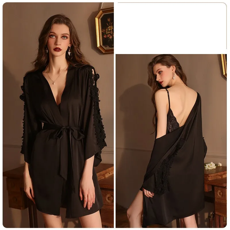 Sexy Lace Robe Gown Sets Women V-Neck Intimate Home Dress Mini Sling Nightgown Seduction Lingerie Summer Sleepwear Autumn Nighty