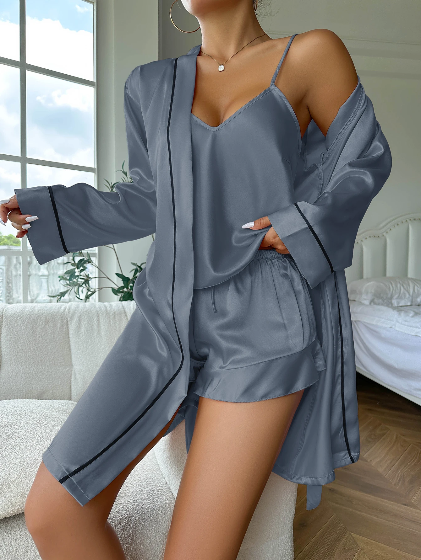 Simple Satin Pajama Set Long Sleeve Belted Robe V Neck Cami Top And Shorts Women's Sleepwear