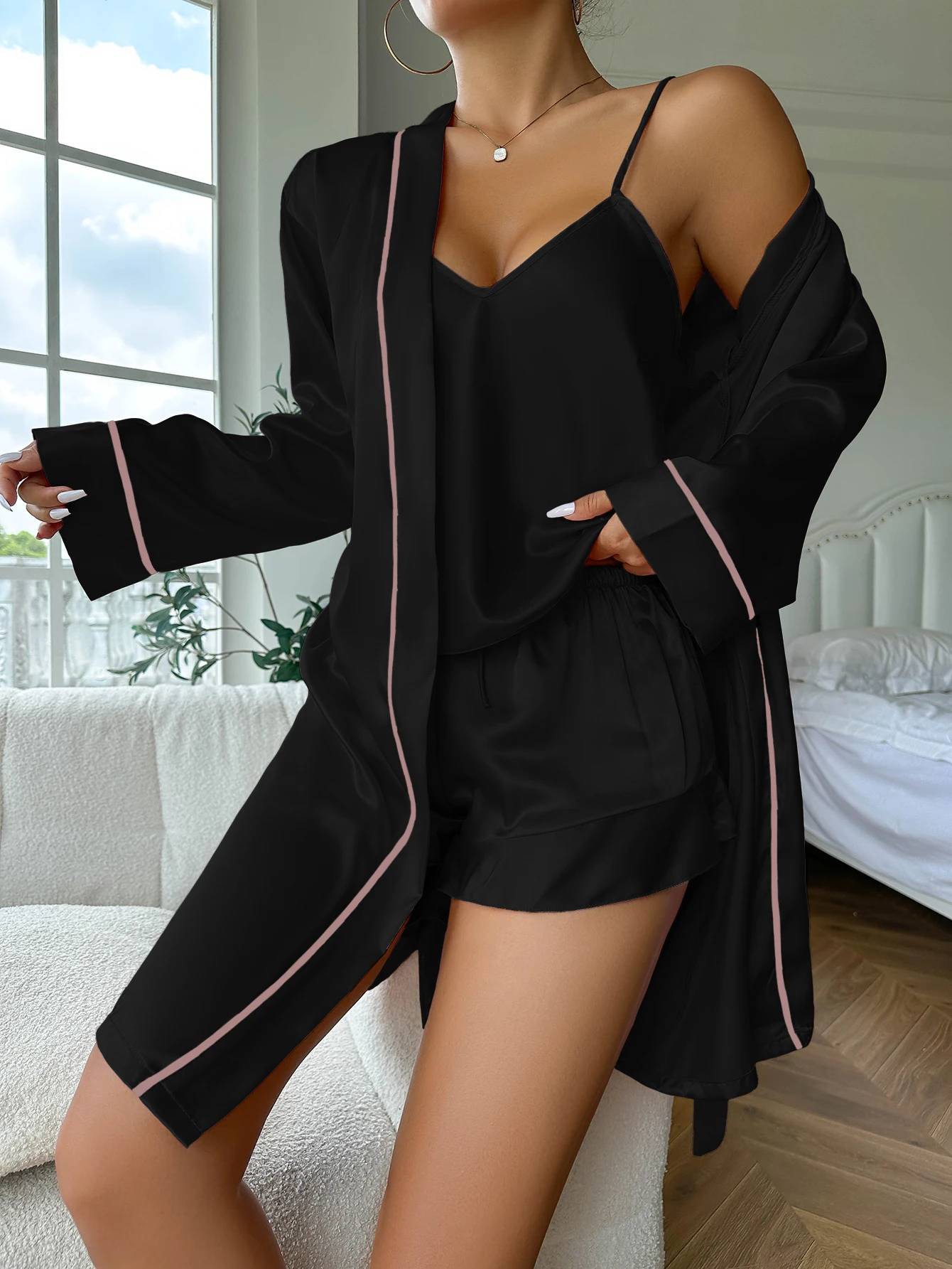 Simple Satin Pajama Set Long Sleeve Belted Robe V Neck Cami Top And Shorts Women's Sleepwear