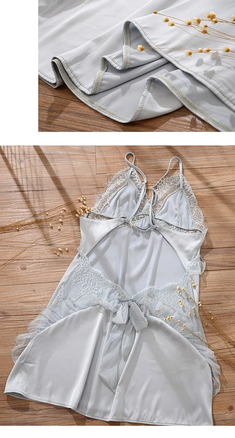 Beauty Back Kawaii Deep V Strap Sleeping Dress Cutout Lolita Sleepwear Summer Women Nightgowns Lace Silk Leisure Dressing Gowns