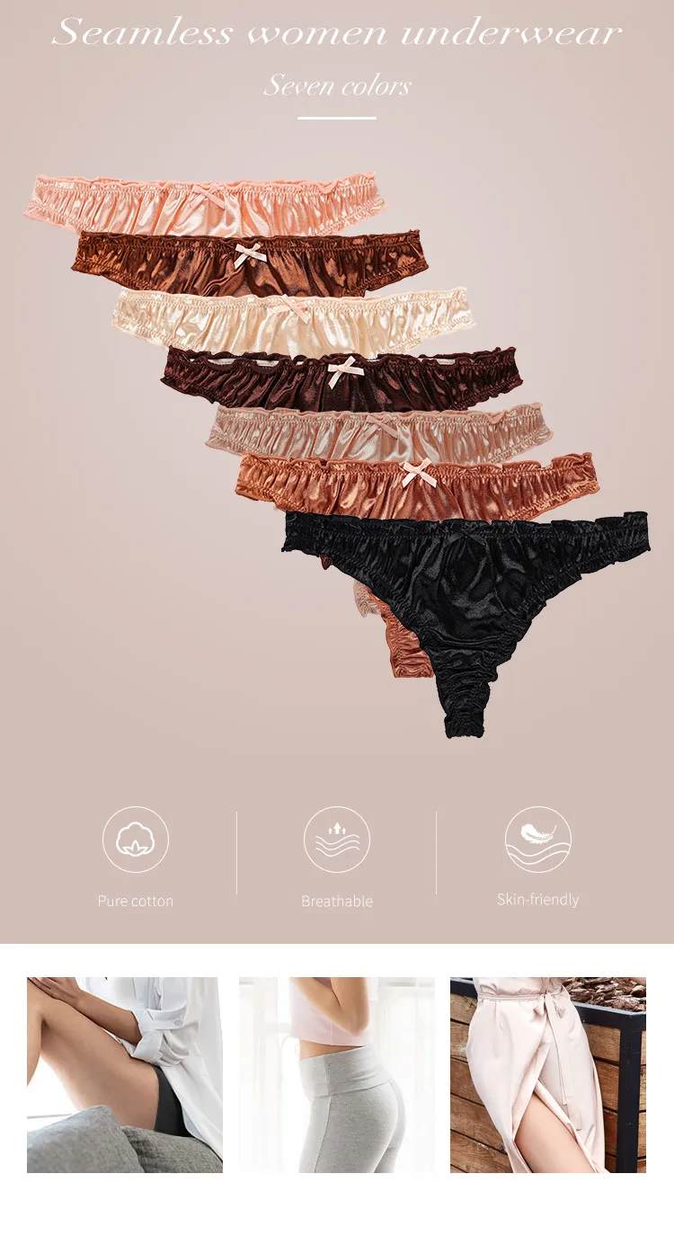 Hot Sale Ladies Frill Trim Satin 100% Ice Silk Seamless No Show Underwear Invisible Briefs Tanga Bragas Women's Panties