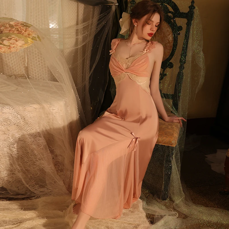 Women Evening Dress Long Robe Sexy Sleepwear Lace Night Dress See Through Victorian Nightgown Camisole Lingerie Sleep Tops 2023