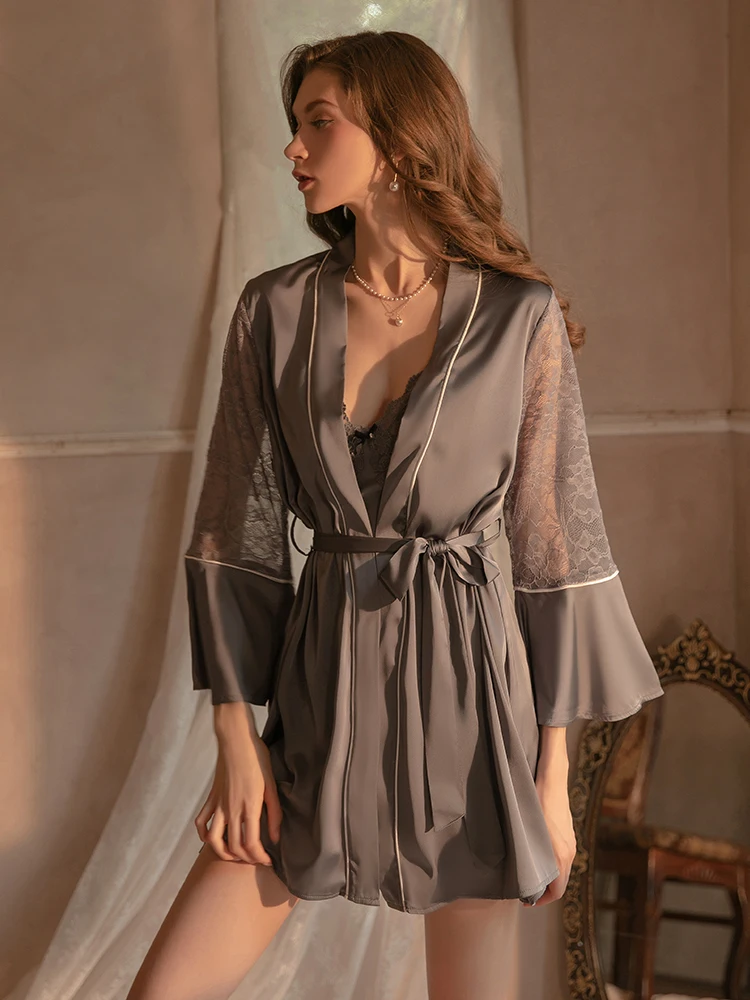 MECHCITIZ Female Sexy Lingerie Sling Lace Robe Set Nightgowns Bride Kimono Satin Bathrobe Women Sleepwear Pajamas Home Suit