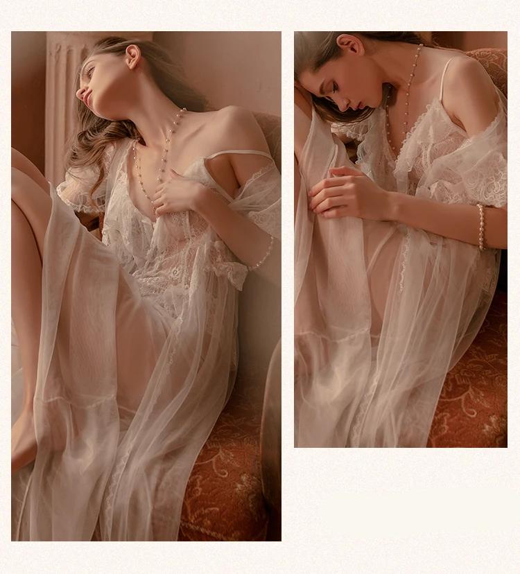 New Long Robe Bride Wedding Pajamas White Mesh Lace Lingerie Women Bathrobe Female Sexy Sleepwear Mesh Homewear Robes