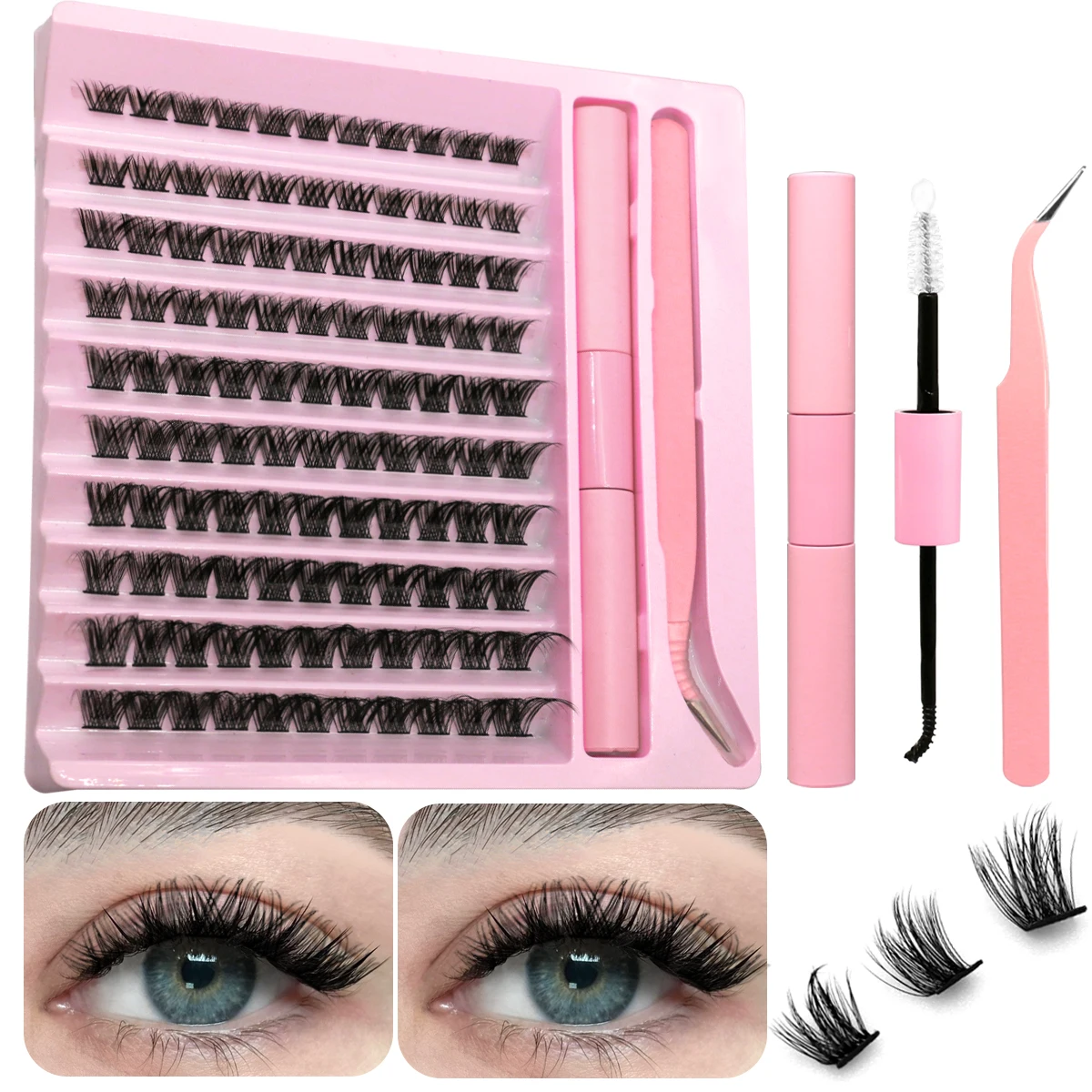 GROINNEYA DIY Eyelash Extension Kit Individual Lashes Cluster Mix Lash Clusters with Lash Bond and Seal and Lash Accessories